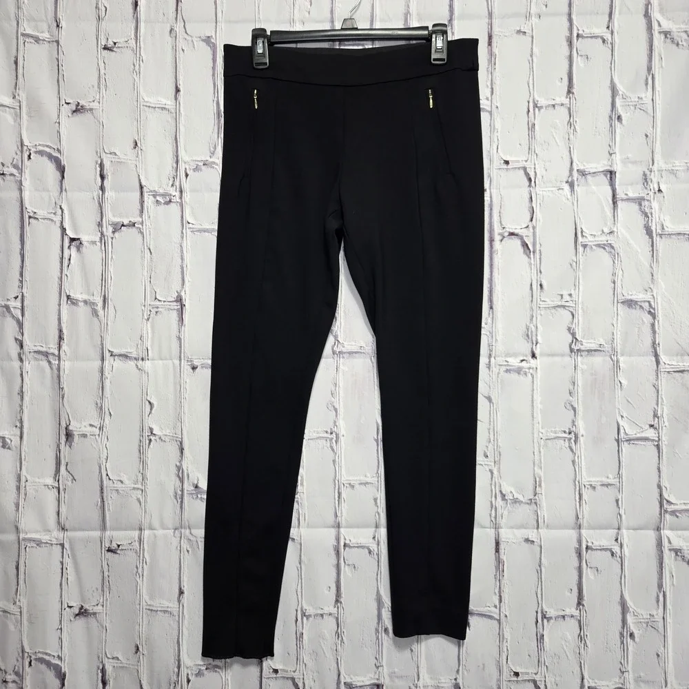 Black Linen Blend Pants Tapered Leg Mid-Rise Waist Casual Women Sz 10‎ Black